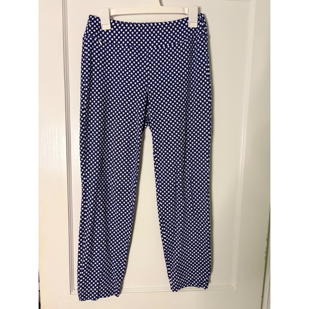 J. McLaughlin Blue White Gingham Ankle Pants Womens S Pull On Stretch Tapered